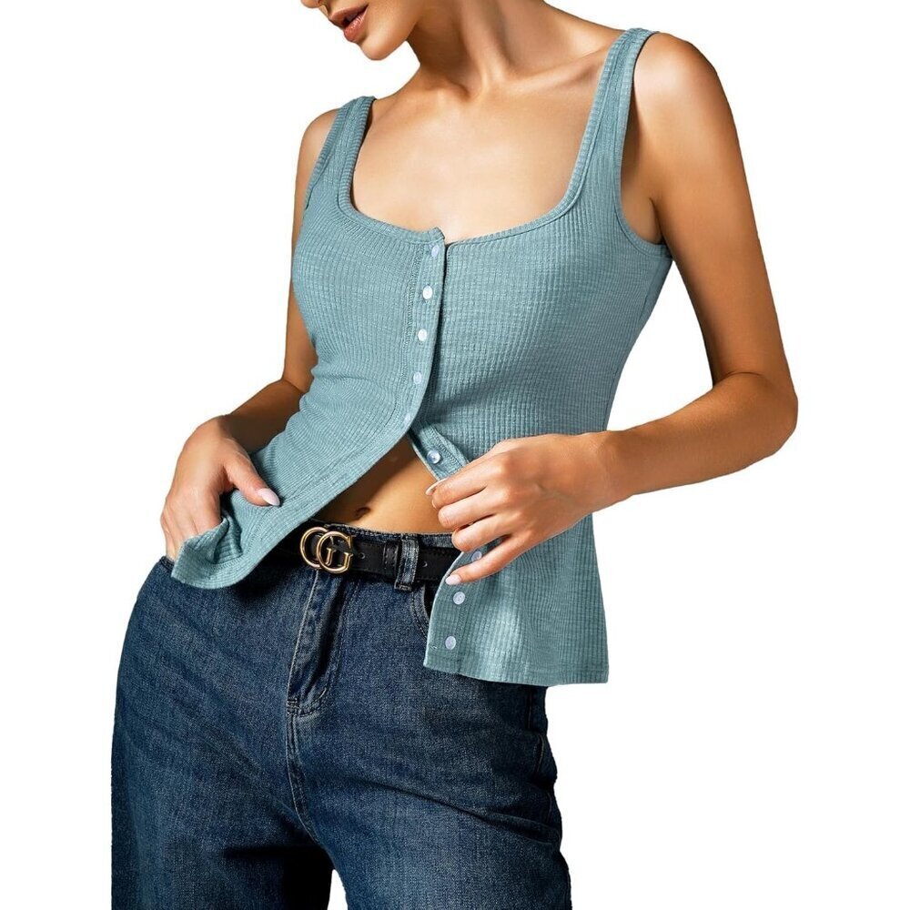 Adorpop Womens Bluish Grey Ribbed Sleeveless Blouses Button Down Henley Shirts